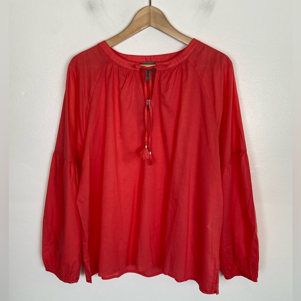 Chico's Boho Long Sleeves Top Size 3 US XL Coral‎ Popover Puff Sleeves Cotton